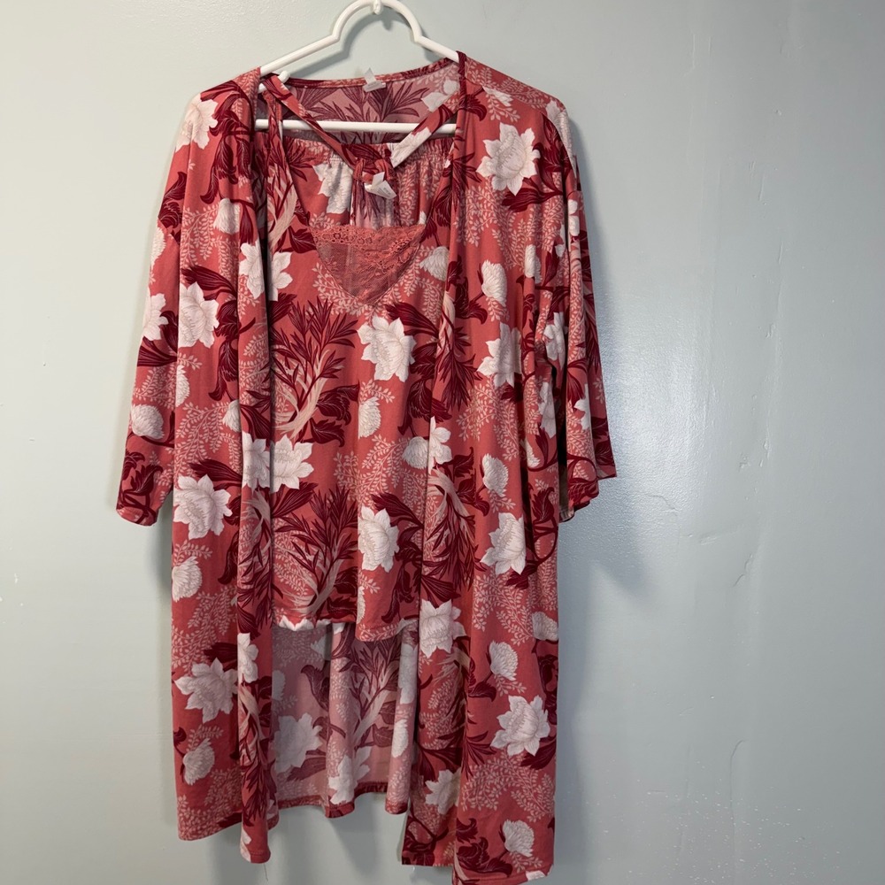 Flora Nikrooz Womens 3-Piece Pajama Set Pink Floral Robe Cami Shorts Medium